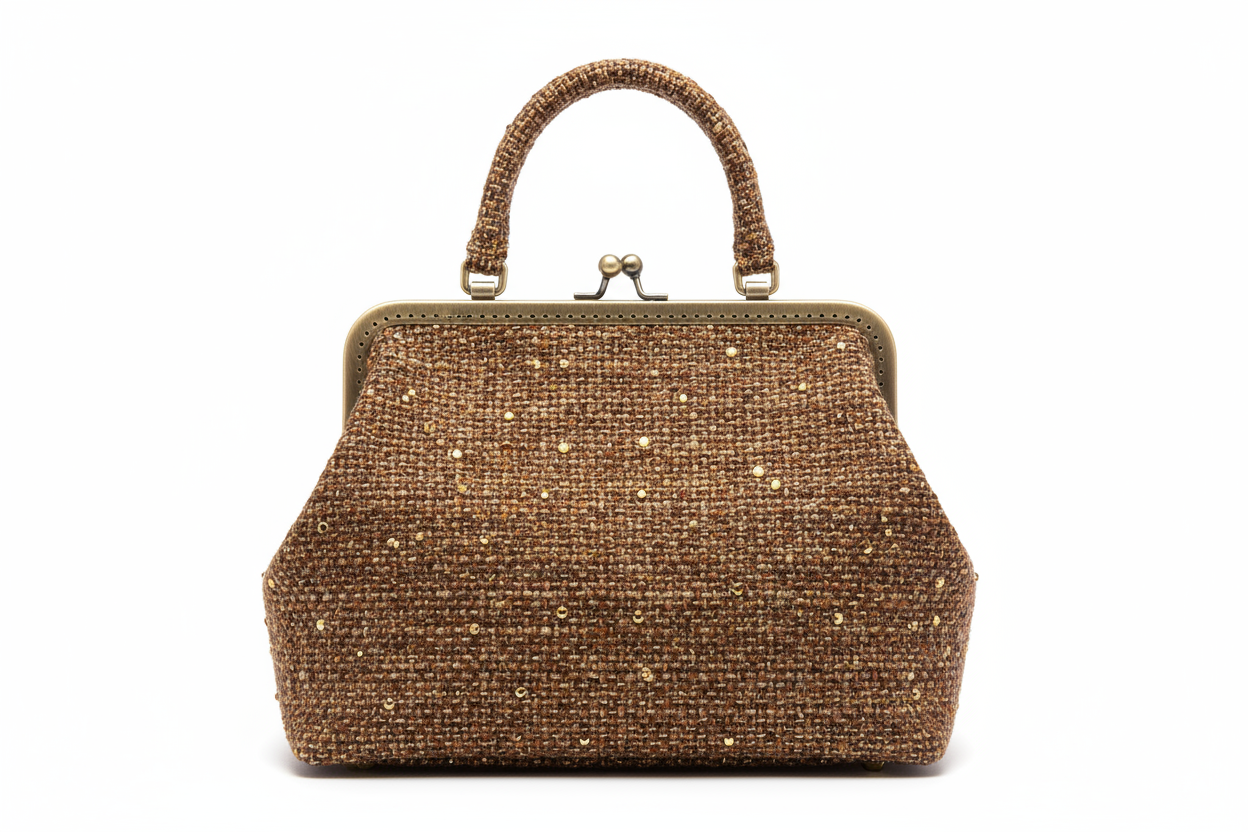borsa stile mari Poppins in tessuto tweed marrone e oro con inserti di piccoli brillantini sparsi a caso colore ore